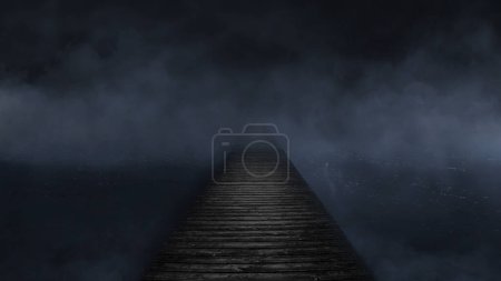 Foto de Puente a ninguna parte en la niebla Fondo oscuro cuenta con una pasarela de madera que se extiende sobre aguas oscuras y conduce a la niebla o la niebla en movimiento. - Imagen libre de derechos