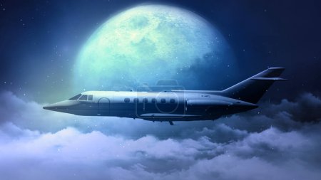 Photo for Jet Plane Flying Across the Moon features a jet flying above the clouds in front of a full moon - Royalty Free Image