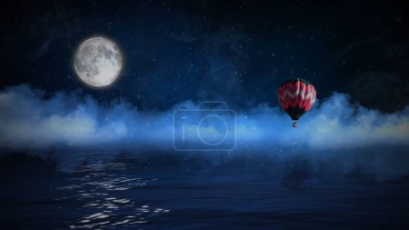 Photo for Hot Air Balloon Over Water with Full Moon features an ocean or lake with rolling clouds, a full moon, and a hot air balloon floating above the water. - Royalty Free Image