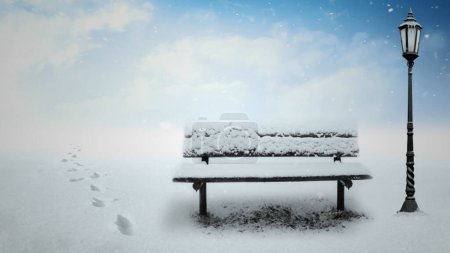 Foto de Lonely Bench y Foot Impresiones en una tormenta de nieve cuenta con un poste de luz junto a un banco vacío cubierto de nieve con huellas que van hacia un oscuro fondo nublado. - Imagen libre de derechos