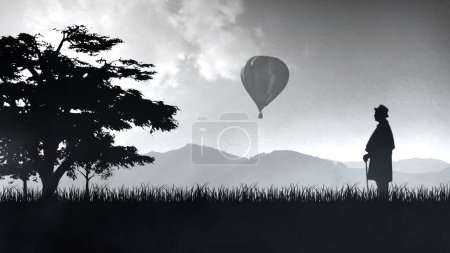 Téléchargez les photos : Man in Nature Balloon Silhouette Arrière-plan rétro avec un noir et blanc Illustration d'un homme en vieux vêtements regardant une montgolfière avec des montagnes d'herbe et des nuages. - en image libre de droit
