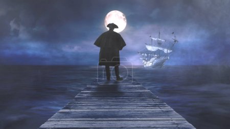 Photo for Man Looking Out to Sea at Ghost Ship with Full Moon features a man in a nineteenth century coat and hat looking out to sea with a full moon and ghostly ship with fog. - Royalty Free Image
