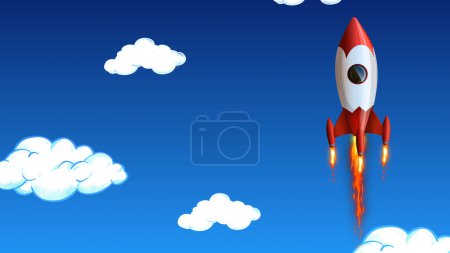 Photo for Rocket Through the Clouds features a rocket with flames trailing flying up through a sky filled with clouds with a vector or cartoon look. - Royalty Free Image