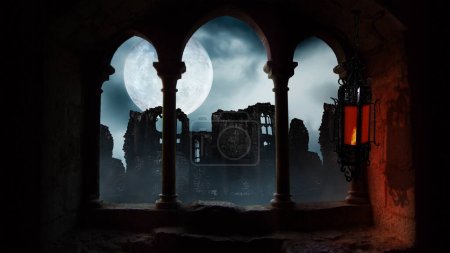 Linterna oscilante en ruinas antiguas Luna llena cuenta con una vista a través de una ventana arqueada con una linterna oscilante hacia fuera a las ruinas con una luna llena en el cielo