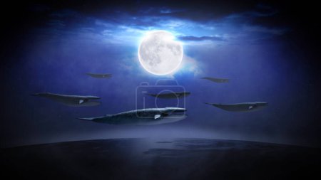 Téléchargez les photos : Baleines dans le ciel Arrière-plan caractéristiques baleines nageant dans le ciel au-dessus de la terre avec la lune en arrière-plan dans une atmosphère nuageuse - en image libre de droit