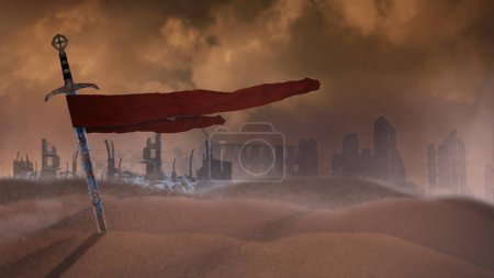 Photo for Sword in the Desert with Ruins features a desert scene with a sword buried in the sand in a storm with a red cloth flapping in the wind with ruins in background - Royalty Free Image