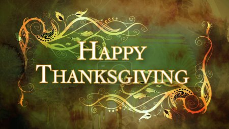 Foto de Happy Thanksgiving Grunge Greeting presenta las palabras Happy Thanksgiving en un marco de vides de diseño y un fondo grunge de tono verde tierra marrón. - Imagen libre de derechos