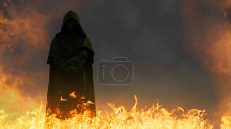 Photo for Dark Hooded Figure in Hell features a dark statue figure in a hooded cowl standing in flames and smoke. - Royalty Free Image