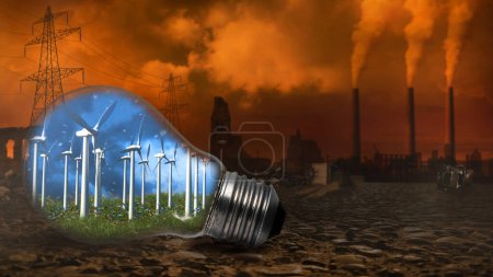Photo for Windmills in Light Bulb with Distant Smokestacks features a light bulb with blue skies and windmills inside with a pollution filled background. - Royalty Free Image