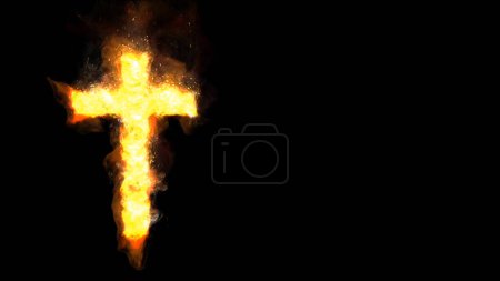 Foto de La Cruz Ardiente sobre el Fondo Negro presenta un símbolo de cruz ardiendo sobre un fondo negro y chispas y humo soplando a través de la escena. - Imagen libre de derechos