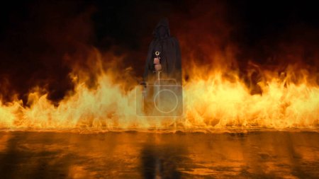 Dunkle Figur mit Schwert in reflektierender Flamme zeigt eine dunkle Gestalt, die ein Breitschwert in einem lodernden Feuer hält, das auf einer reflektierenden Oberfläche ausbricht.