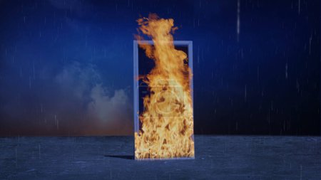 Foto de Puerta en llamas en hormigón La llanura cuenta con una puerta con un marco blanco envuelto en llamas con un cielo oscuro detrás. - Imagen libre de derechos