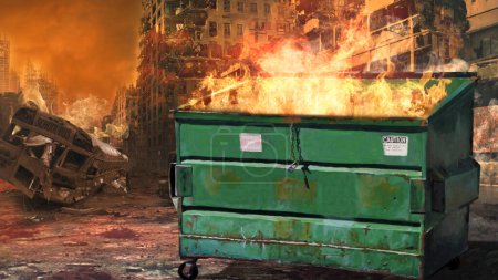 Téléchargez les photos : Dumpster Fire Society in Crises dispose d'une benne à ordures avec feu sortant du sommet avec une ville incendiée en arrière-plan. - en image libre de droit
