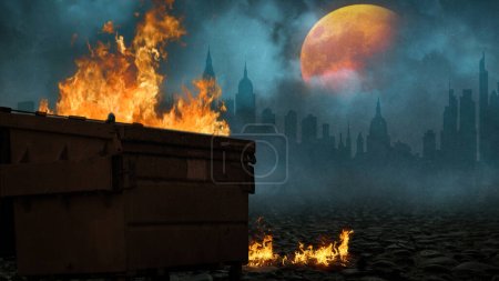 Müllcontainer Fire Orange Moon Lightning Clouds Hintergrund verfügt über einen Müllcontainer mit Feuer wabert mit Wolken und fallender Asche und einem orangen Mond am Himmel.
