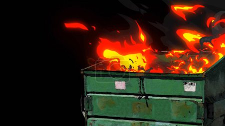 Dumpster Fire Cartoon Look on Black zeigt einen Müllcontainer mit handgezeichnetem Cartoon-Feuer, das aus der Spitze mit schwarzem Hintergrund kommt.