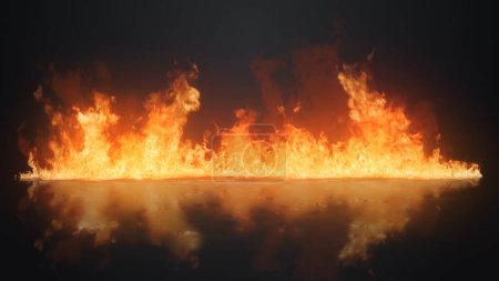 Foto de Fuego Ardiente en un fondo de superficie reflectante cuenta con una línea de fuego ardiendo en una superficie húmeda reflectante en una atmósfera oscura. - Imagen libre de derechos
