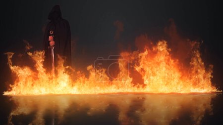 Foto de Fire Blazing Dark Figure with Sword presenta una línea de fuego ardiendo en una superficie húmeda reflectante con una figura oscura con capucha que sostiene una espada en las llamas. - Imagen libre de derechos