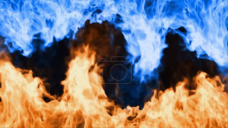 Foto de Fuego Las llamas azules y naranjas presentan llamas naranjas parpadeando desde la parte inferior y llamas azules desde la parte superior entrelazando. - Imagen libre de derechos