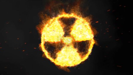 Foto de Signo radiactivo con humo y chispas cuenta con un símbolo nuclear / radiactivo que arde contra un fondo negro y chispas y humo que soplan a través de la escena. - Imagen libre de derechos