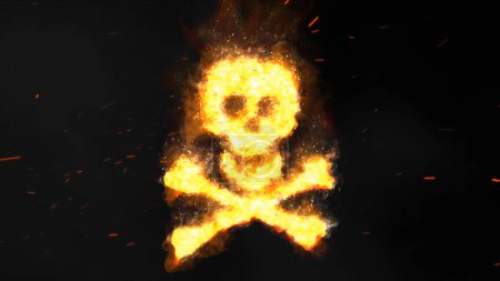 Foto de Skull and Crossbones with Smoke and Sparks presenta un Skull and Crossbones ardiendo sobre un fondo negro y chispas y humo soplando a través de la escena. - Imagen libre de derechos
