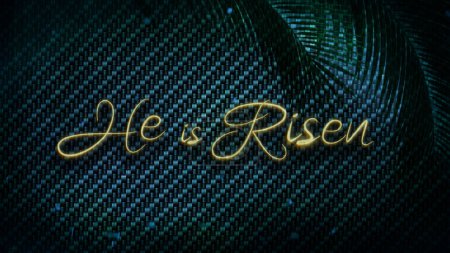 Photo for He is Risen Green Palms features a metallic green surface with subtle lights and palm branches with a He is Risen golden text message. - Royalty Free Image