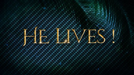 Photo for He Lives Green Palms features a metallic green surface with subtle lights and palm branches with a He Lives golden text message. - Royalty Free Image