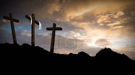Photo for Three Crosses Blue Dusk features three empty crosses on a hill with clouds and a blue atmosphere. - Royalty Free Image