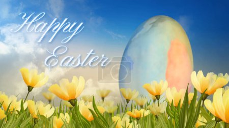 Photo for Watercolor Egg Happy Easter in Lilies features an egg with watercolor splashes in a field of lilies and clouds with a Happy Easter message. - Royalty Free Image
