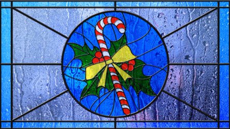 Photo for Stained Glass Christmas Candy Cane Rainy Day features a stained glass window with a central Christmas candy cane design with lights and rain trickling down the glass. - Royalty Free Image