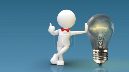 Photo for 3D Person Leaning on Flickering Light Bulb Thumbs Up features a generic 3d figure leaning on a light bulb lifting his hand to give a thumbs-up. - Royalty Free Image