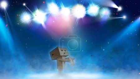 Photo for Cardboard Character Playing the Saxophone features a cardboard box character playing a saxophone with spotlights shining on him and fog rolling around the stage. - Royalty Free Image