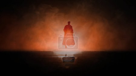 Photo for Flying SuperHero Silhouette in Orange Smoky Atmosphere features the silhouette of a flying, hovering superhero with a cape blowing slightly with smoke billowing in an orange atmosphere. - Royalty Free Image