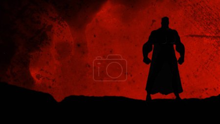 Photo for Superhero Standing in Grunge Rain Red Background features the silhouette of a superhero on a dark landscape with a red background with dark grunge elements floating. - Royalty Free Image
