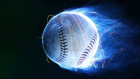 Téléchargez les photos : Baseball Flying in Flames présente une balle de baseball volant dans un espace comme l'atmosphère avec des flammes de particules bleues qui en émanent. - en image libre de droit