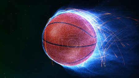Foto de Basketball Flying in Flames presenta un baloncesto volando a través de un espacio como la atmósfera con llamas de partículas azules que emanan de él. - Imagen libre de derechos