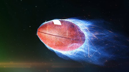 Téléchargez les photos : Football Flying in Flames présente un ballon de football volant dans un espace comme l'atmosphère avec des flammes de particules bleues qui en émanent. - en image libre de droit