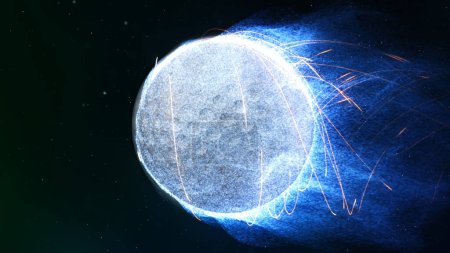 Foto de Golf Ball Flying in Flames presenta una pelota de golf volando a través de un espacio como la atmósfera con llamas de partículas azules que emanan de ella. - Imagen libre de derechos