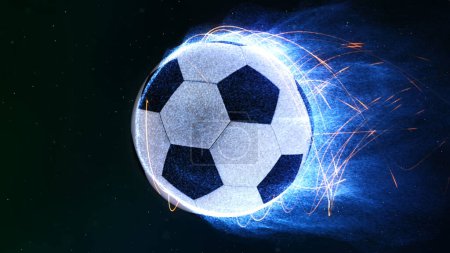 Foto de Soccer Ball Flying in Flames 4K presenta una pelota de fútbol volando a través de un espacio como la atmósfera con llamas de partículas azules que emanan de ella. - Imagen libre de derechos