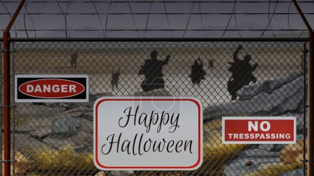 Foto de Cuidado con los Zombies Feliz Halloween presenta siluetas de zombies caminando hacia adelante en un campo detrás de una cerca de alambre con un feliz Halloween en una señal. - Imagen libre de derechos