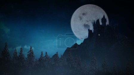 Dark Castle on a Moonlit Night features a haunted castle with a full moon and clouds in the sky.