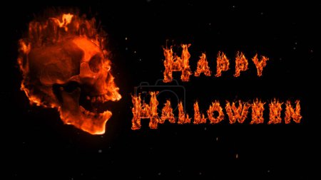 Photo for Flaming Skull Happy Halloween with Sparks features a side profile view of a laughing flaming skull with a flaming Happy Halloween message. - Royalty Free Image