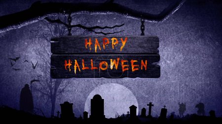 Foto de Feliz Halloween Flaming Sign cuenta con un cartel colgado de un árbol muerto y un mensaje de Halloween feliz en colores de llama en el signo. - Imagen libre de derechos