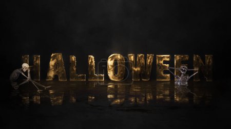 Photo for Happy Halloween Golden Reflection features a wet reflective surface with subtle smoke and lights on the words Happy Halloween in metallic gold with and skeleton symbols. - Royalty Free Image