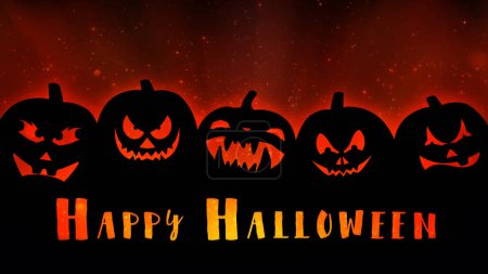 Téléchargez les photos : Joyeux Halloween Jack O Lantern Silhouette 4K dispose de la silhouette de cinq Jack O Lanternes avec un fond de particules orange et texte Joyeux Halloween. - en image libre de droit