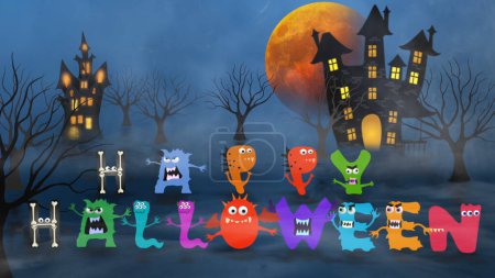Photo for Happy Halloween Monster Style features a cartoon scary scene with monster text spelling out Happy Halloween. - Royalty Free Image