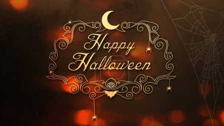 Photo for Happy Halloween Orange Spiders and Webs features a background of orange lights with a Happy Halloween message. - Royalty Free Image