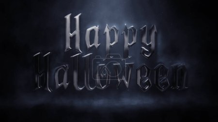 Photo for Happy Halloween Smoke Falling Fog Roll features smoke falling on metal text that flows into the room saying Happy Halloween. - Royalty Free Image