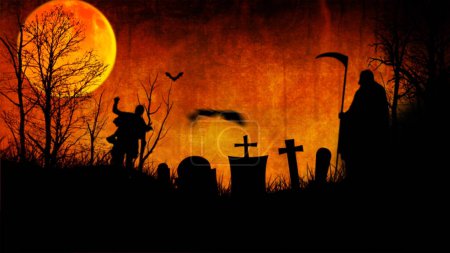 Foto de Haunted Graveyard Sunset presenta una silueta de un cementerio con árboles muertos, una criatura tipo segador sombrío, un zombi y una luna llena con una atmósfera grunge. - Imagen libre de derechos