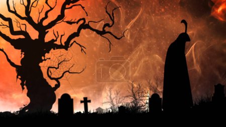 Photo for Haunting Smoke with Death features a silhouette of a graveyard with a dead tree and a grim reaper type creature with a smoky atmosphere. - Royalty Free Image