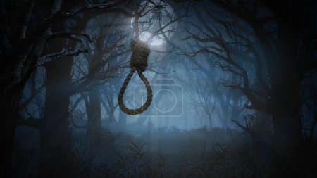 Téléchargez les photos : Noose Swinging in a Haunted Forest présente un nœud suspendu à un arbre avec une forêt hantée et la pleine lune derrière. - en image libre de droit
